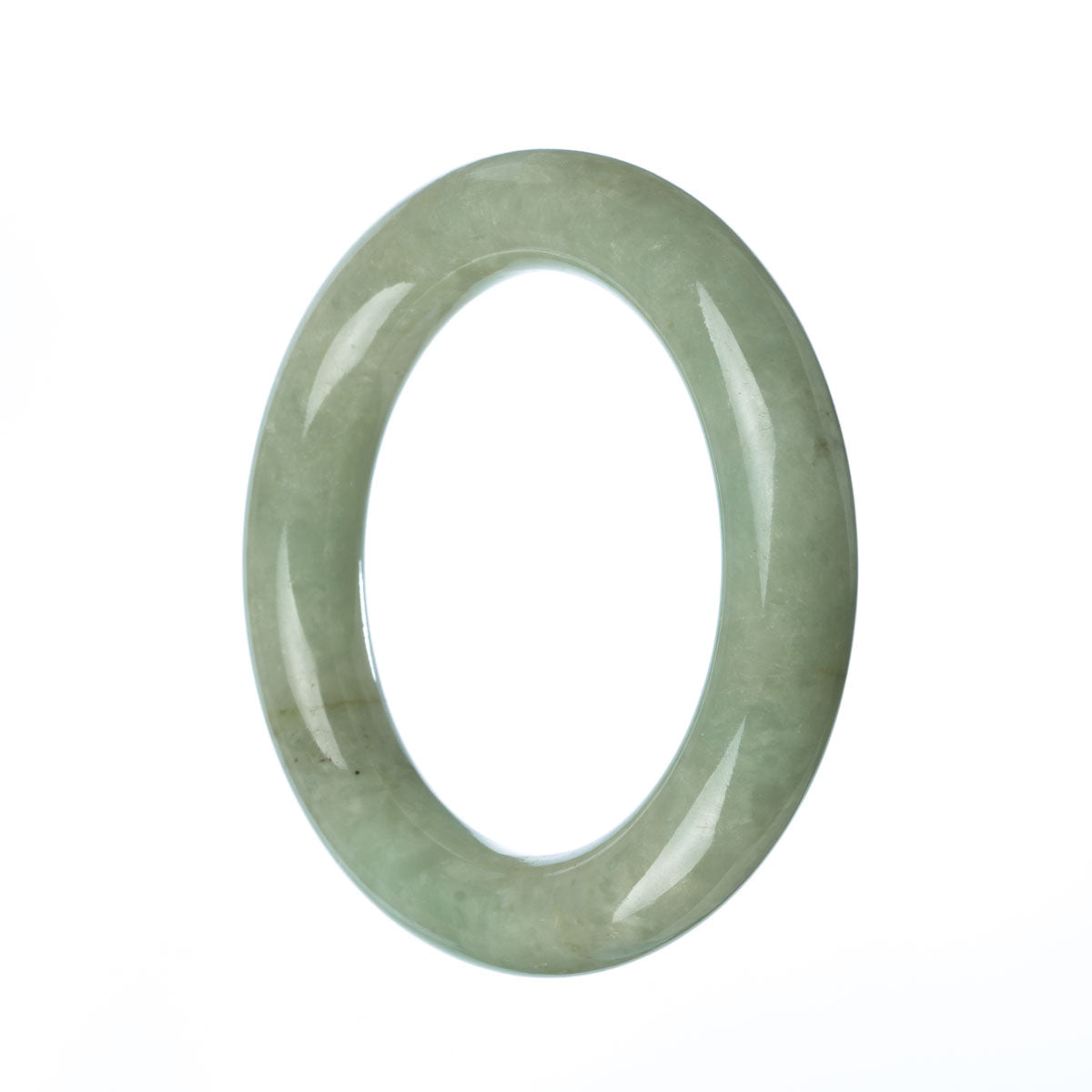 A round green jade bangle made from genuine Grade A jade. It has a traditional design and measures 57mm in diameter. Sold by MAYS GEMS.