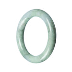 A close-up photo of a round, pale green Burmese jade bracelet. The bracelet is made of real, natural jade and has a smooth, polished surface. It measures 58mm in diameter and has a delicate, elegant design. The jade stone has a soft green color, with subtle variations and a faint translucency. The bracelet is a beautiful piece of jewelry, perfect for adding a touch of natural elegance to any outfit.