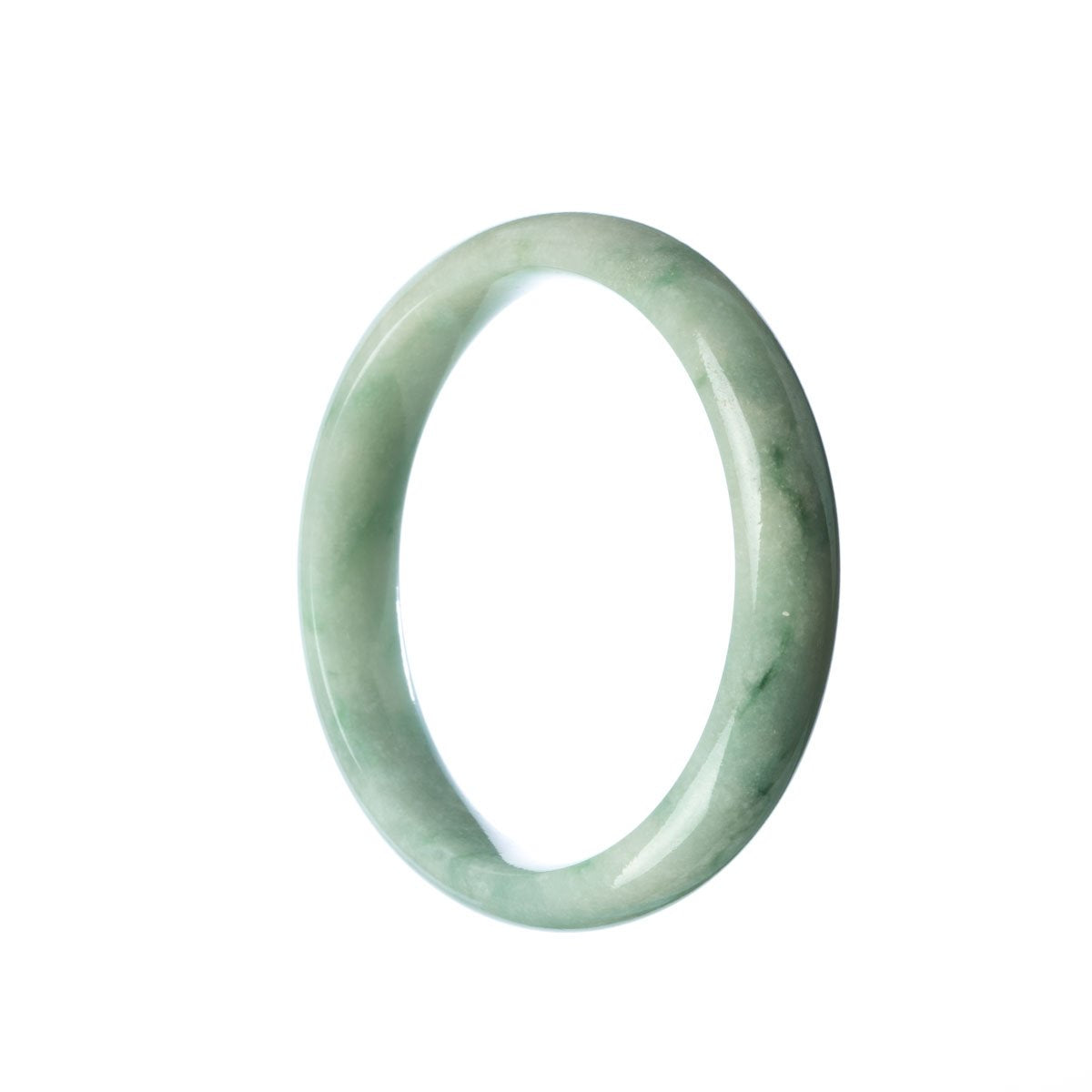 A close-up photo of a pale green Burmese jade bangle bracelet, 57mm in size, shaped like a half moon. The bracelet is untreated, showcasing its natural beauty.