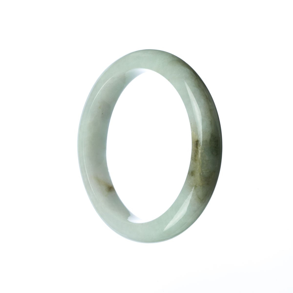 A white and green jade bracelet, with a half-moon shape, measuring 55mm in size. The bracelet is made of high-quality authentic grade A jade, and it is sold by MAYS.