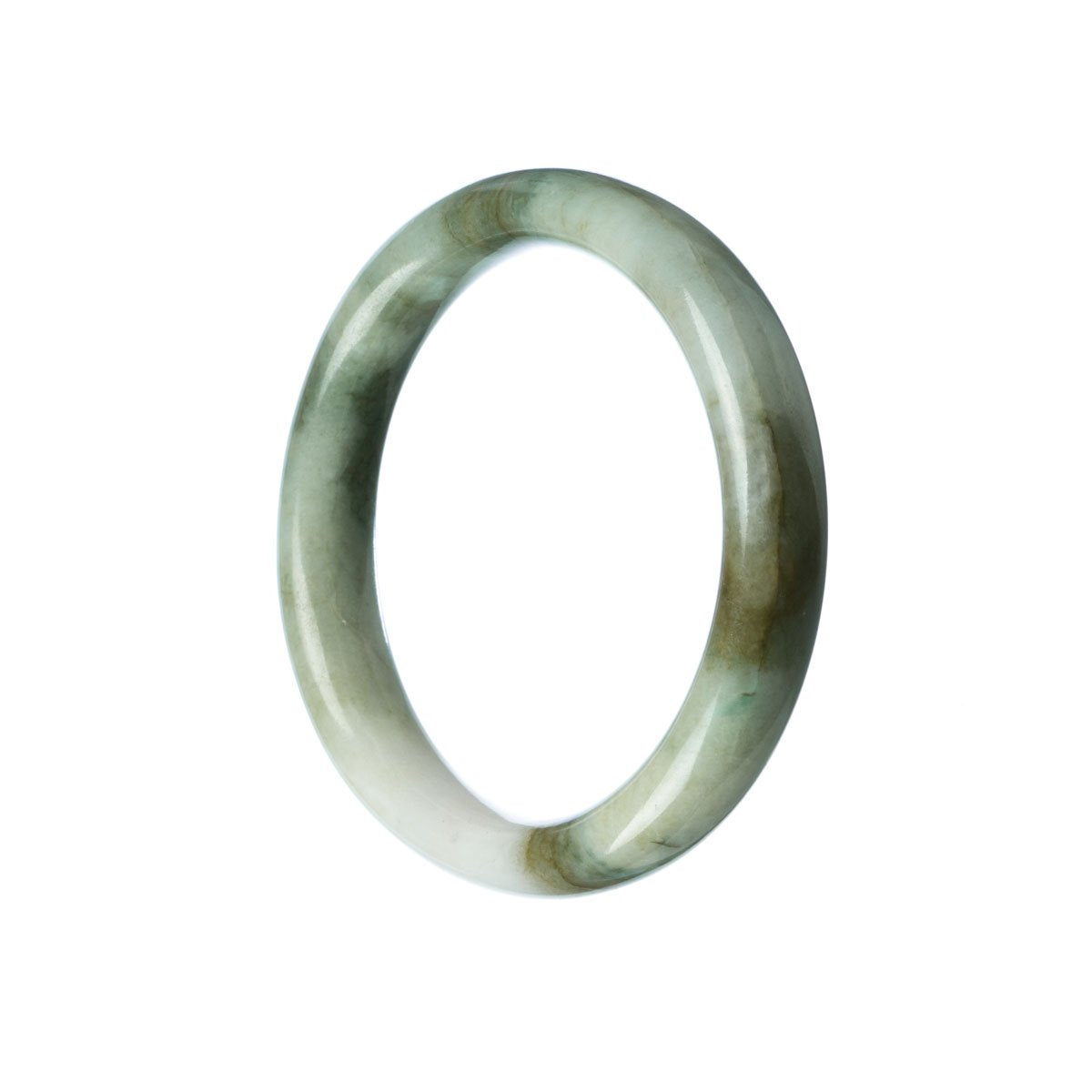 A close-up of an elegant white and green jade bangle bracelet, with a semi-round shape and a diameter of 56mm. Expertly crafted, this authentic Type A jade piece from MAYS GEMS exudes timeless beauty and sophistication.