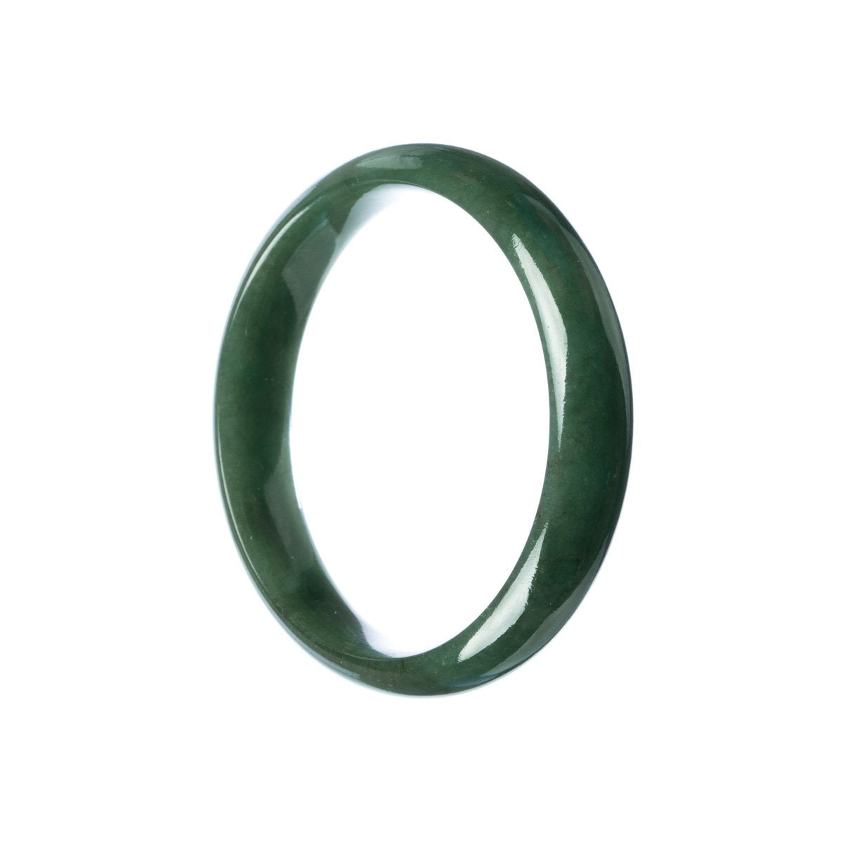 A close-up image of a green jadeite jade bangle bracelet with a half-moon design, measuring 57mm in diameter. This bracelet is certified as natural and is made by the brand MAYS™.