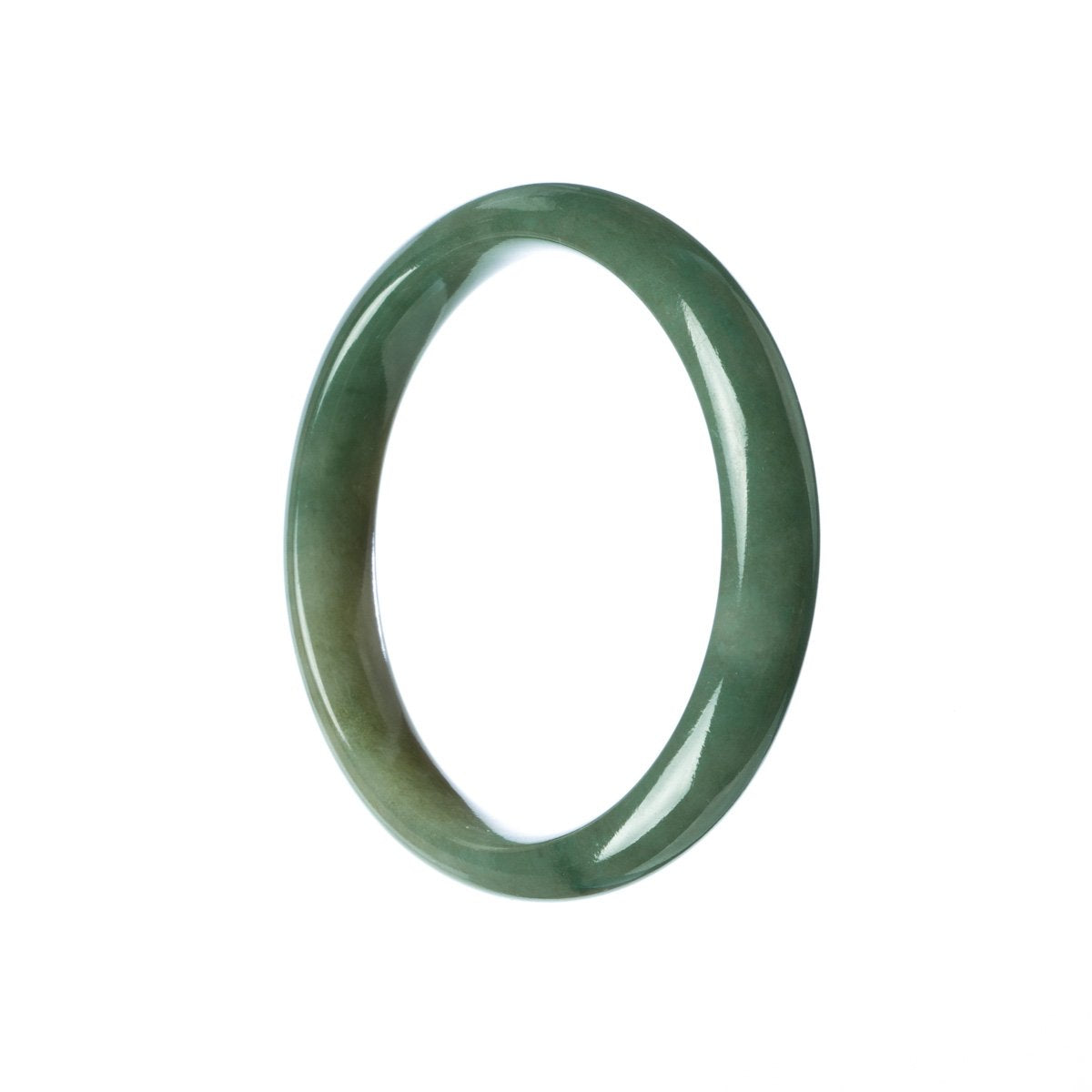 A beautiful half moon-shaped green jadeite bangle with a 57mm diameter, crafted from high-quality Grade A jadeite.