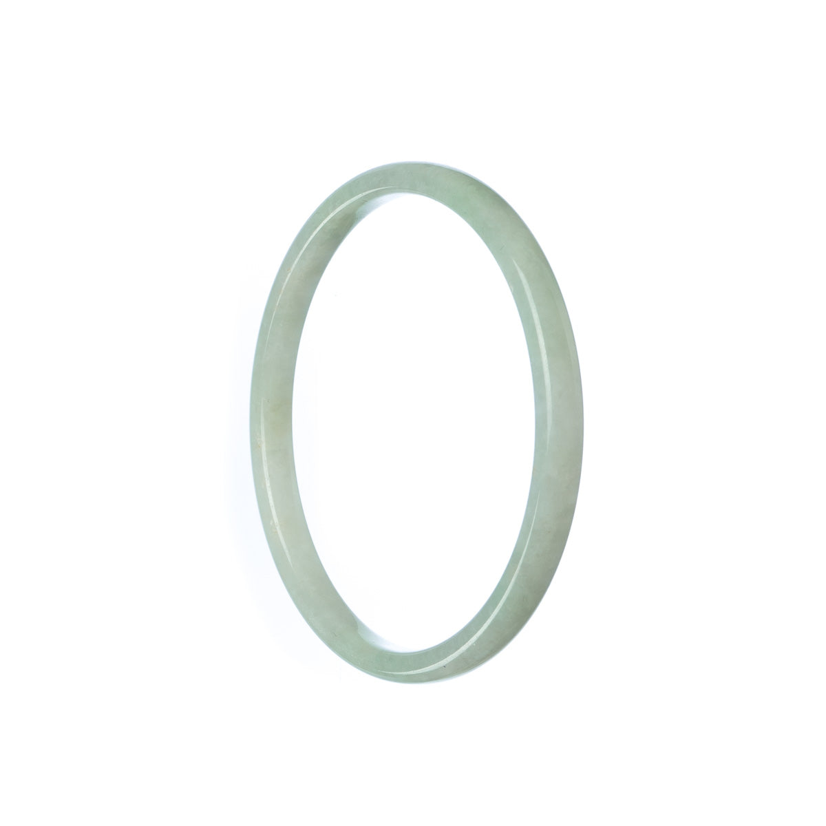 A close-up photo of a thin pale green jadeite bangle bracelet, measuring 52mm in diameter. The jadeite stone has a natural, certified quality, and the bracelet is designed by MAYS™.
