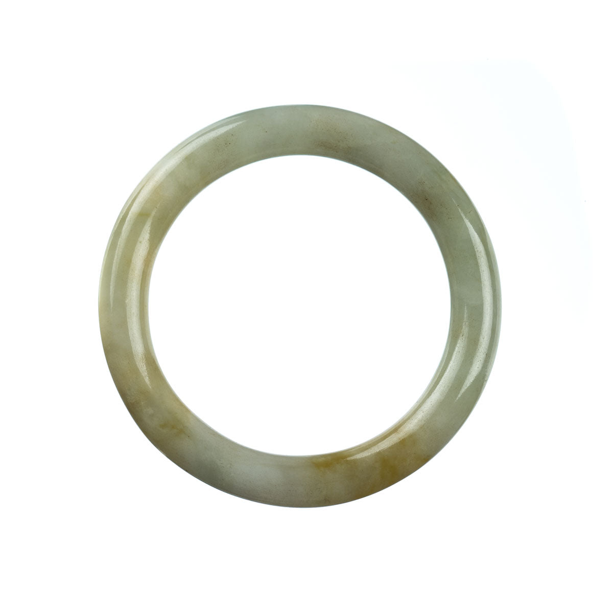 A round pale green jadeite bangle with a smooth and polished surface, measuring 57mm in diameter. The bangle is made of genuine Grade A jadeite, displaying a beautiful and natural shade of green. Designed by MAYS.