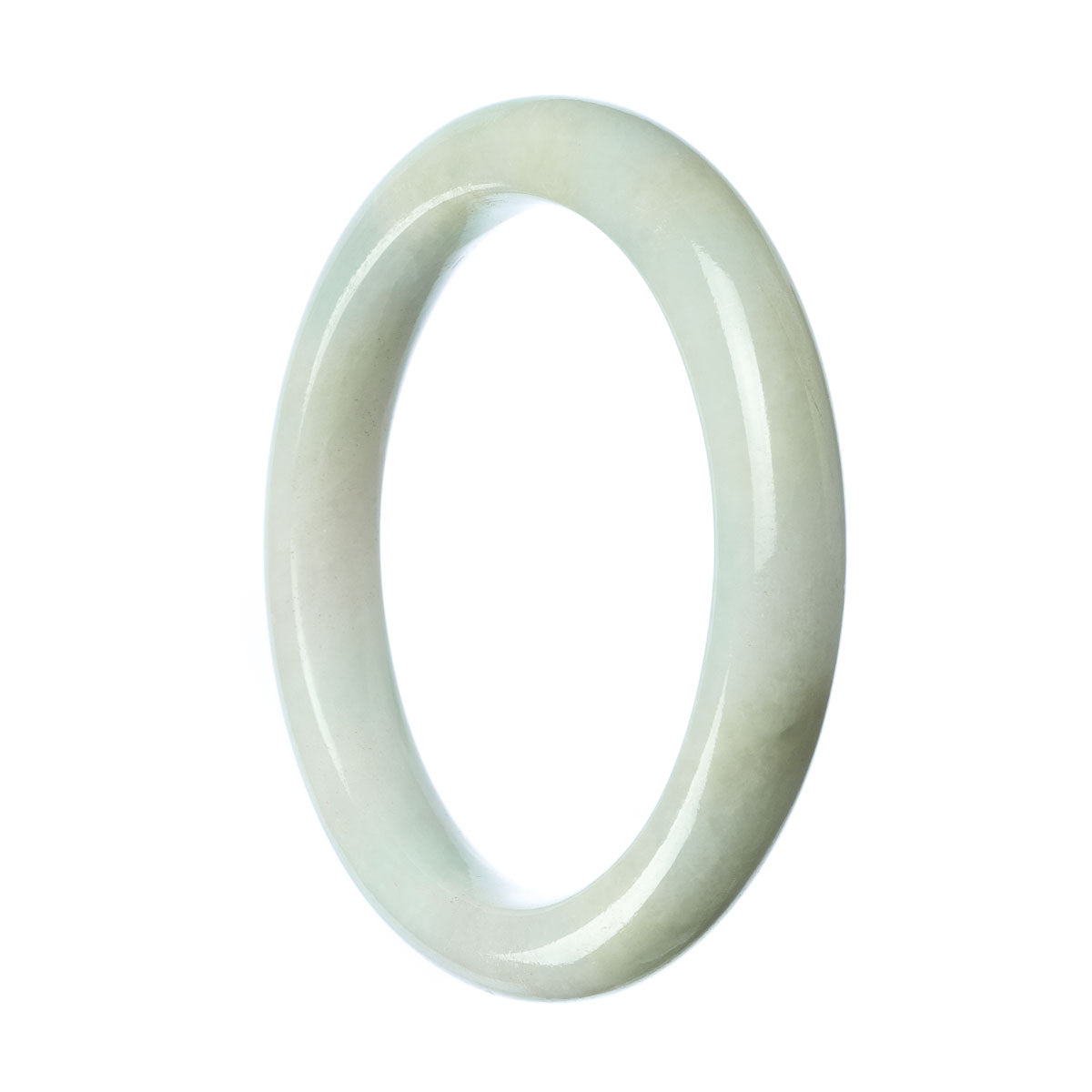 A close-up photo of an authentic Grade A White Burma Jade Bangle Bracelet. The bracelet is semi-round in shape and has a diameter of 60mm. It features a smooth and polished surface, showcasing the beautiful white color of the jade. The bracelet is made by MAYS GEMS, a trusted brand known for their high-quality gemstone jewelry.