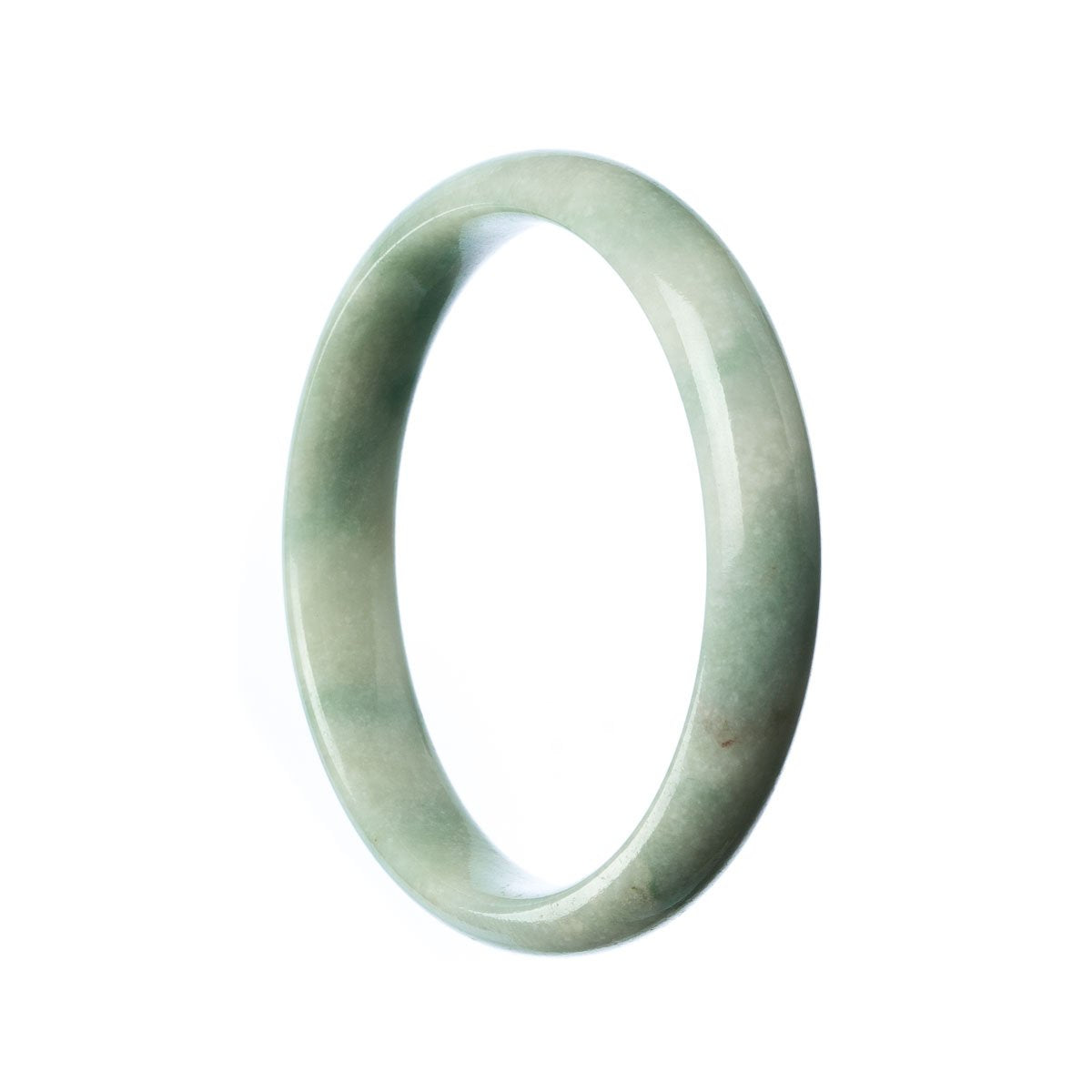 A close-up photo of a delicate, pale green bangle bracelet made from certified natural Burma jade. The bracelet is in the shape of a half moon and measures 57mm in diameter. It features a smooth and glossy surface, highlighting the natural beauty of the jade stone. The bracelet is crafted with precision and is a stunning accessory for any occasion.