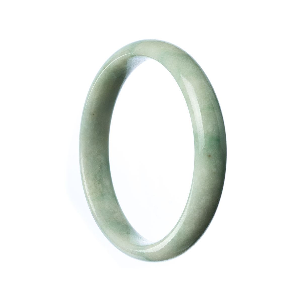 A close-up photo of a pale green jade bracelet in the shape of a half moon. The bracelet is made of genuine Grade A jade and measures 57mm in diameter. It is a beautiful piece of jewelry from the brand MAYS.