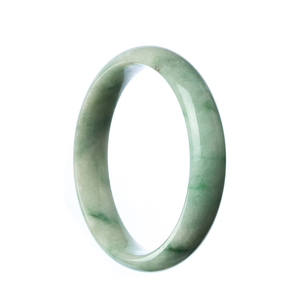 A pale green jade bangle with a half moon design, measuring 57mm in size. Exquisite and genuine Grade A jade from MAYS GEMS.