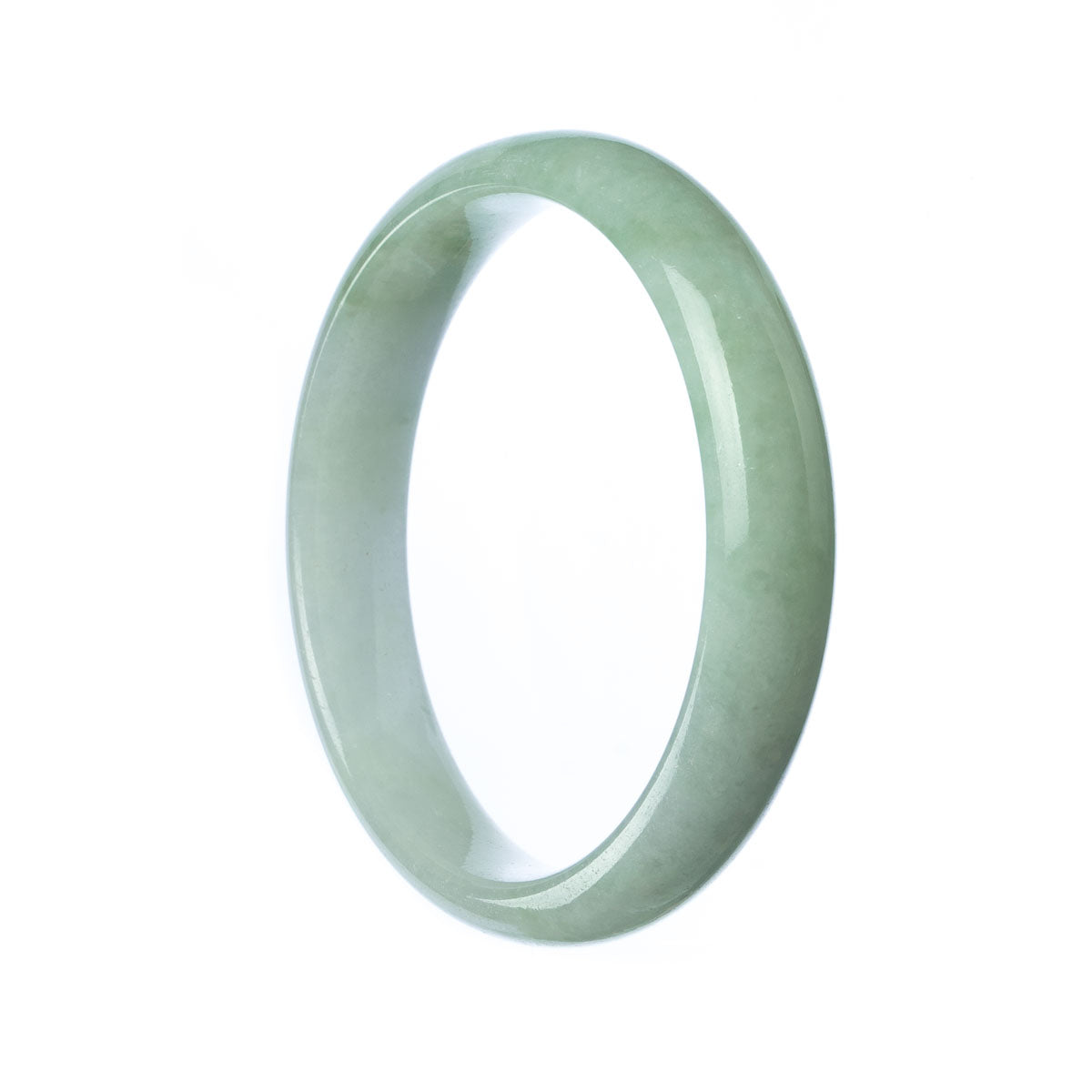 A close-up image of a pale green Burma Jade bangle bracelet, certified as Grade A. The bracelet has a half moon shape and measures 57mm in diameter. This luxurious accessory is from the MAYS™ collection.