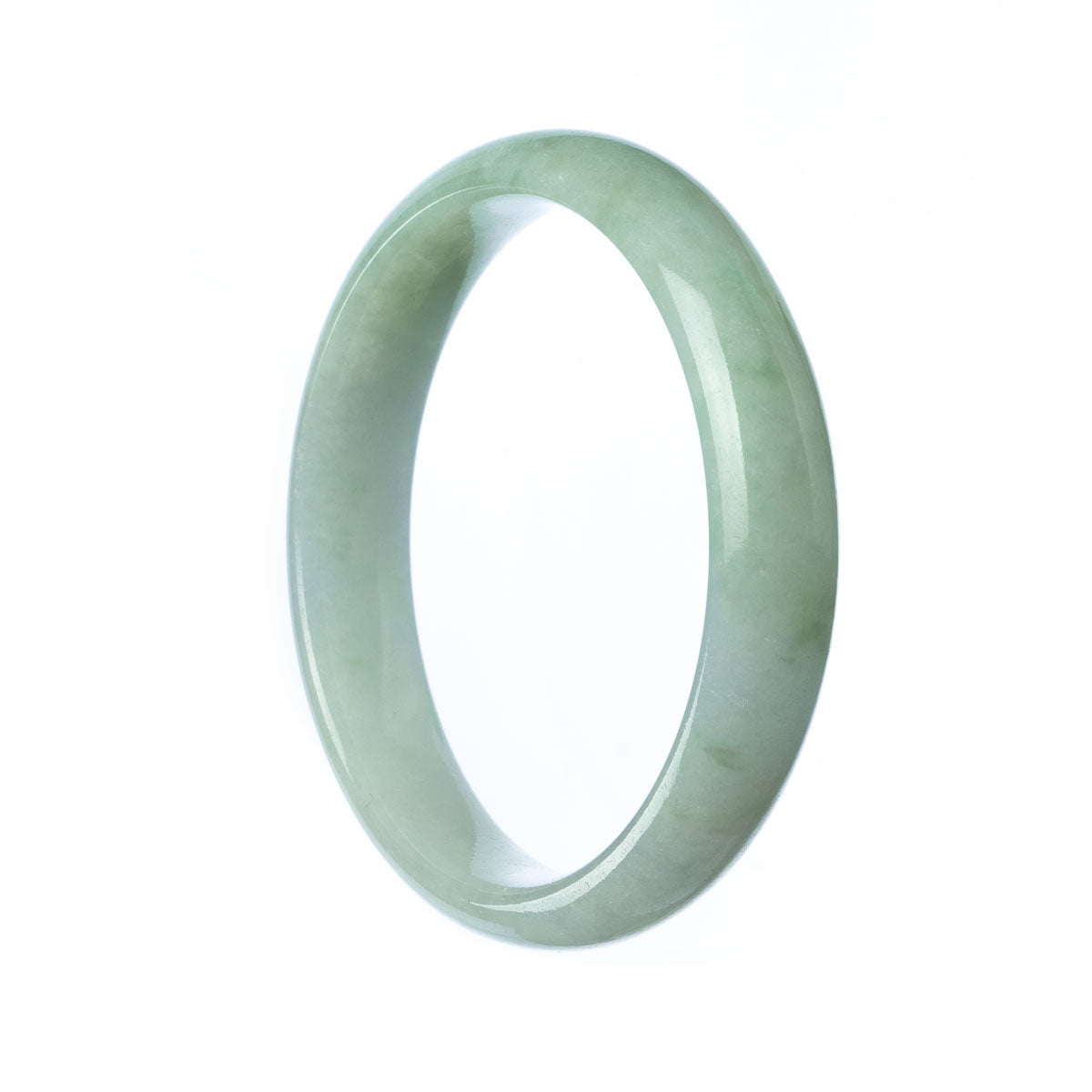 A close-up image of a pale green jadeite jade bangle bracelet with a half moon shape, certified as a natural gemstone. The bracelet measures 57mm in diameter and is adorned with the brand name "MAYS™".