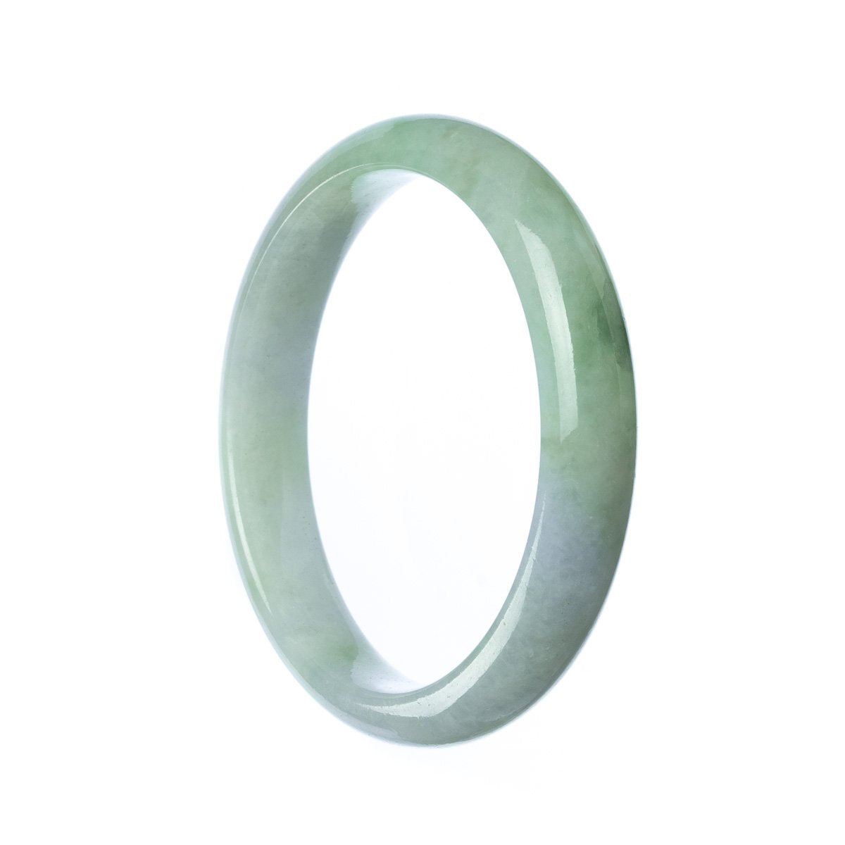 A close-up image of an authentic Grade A Pale Green Jadeite Bangle. The bangle is in the shape of a half moon and has a diameter of 57mm. It is a beautiful piece of jewelry from MAYS™.