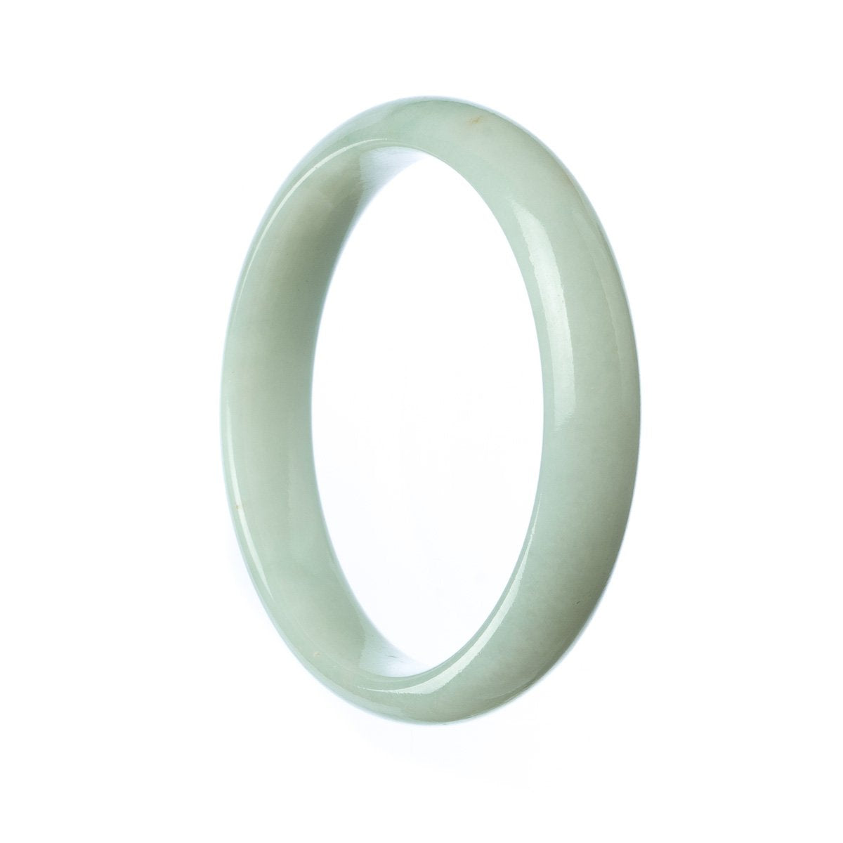 Image of a pale green jade bangle with a half-moon shape, measuring 57mm in diameter. The bangle is made of genuine Grade A traditional jade and is sold by MAYS GEMS.