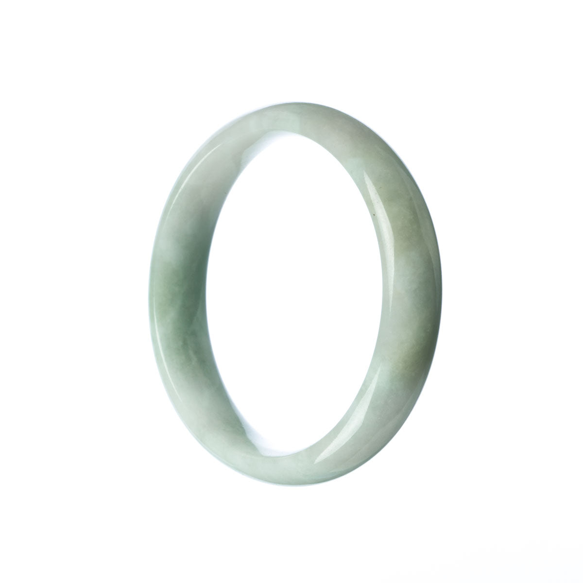 A pale green Burmese jade bangle with a half-moon shape, measuring 58mm.