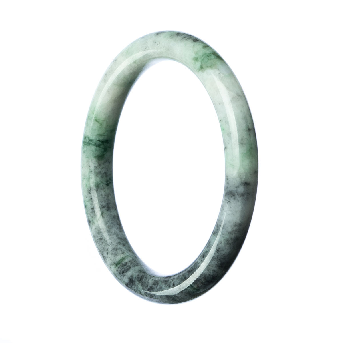 Close-up image of a round grey-green bangle bracelet made of genuine Grade A Burmese Jade, measuring 59mm in diameter. The bracelet is beautifully crafted with a smooth and polished surface, showcasing the natural beauty of the jade.