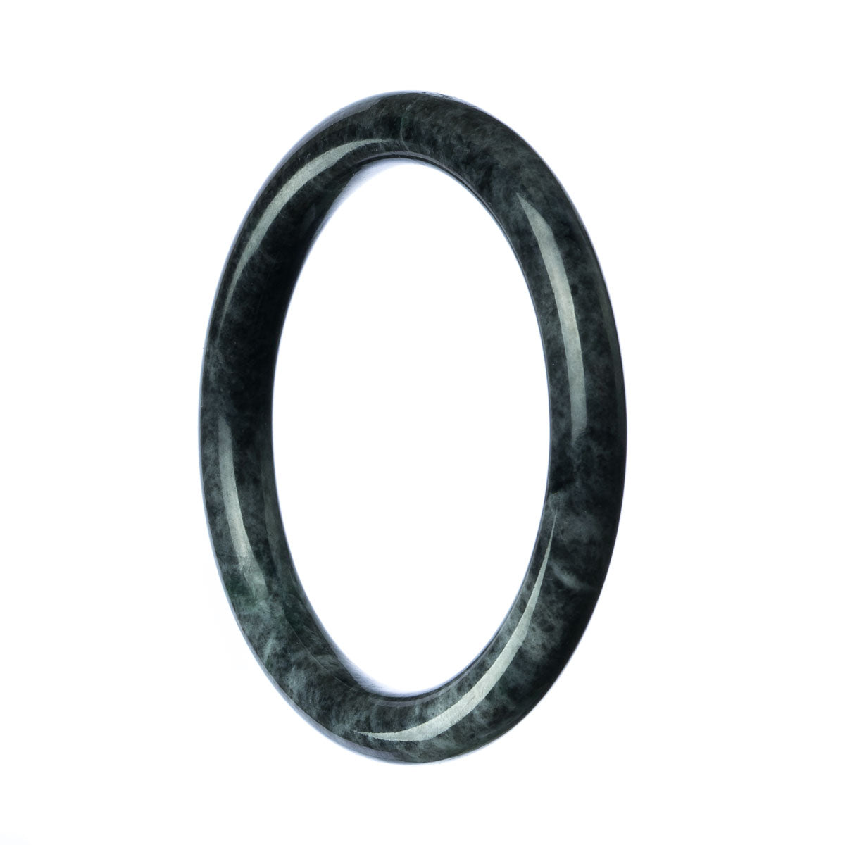 A round grey Burmese jade bangle bracelet, certified as Grade A quality, measuring 59mm in diameter. Sold by MAYS GEMS.