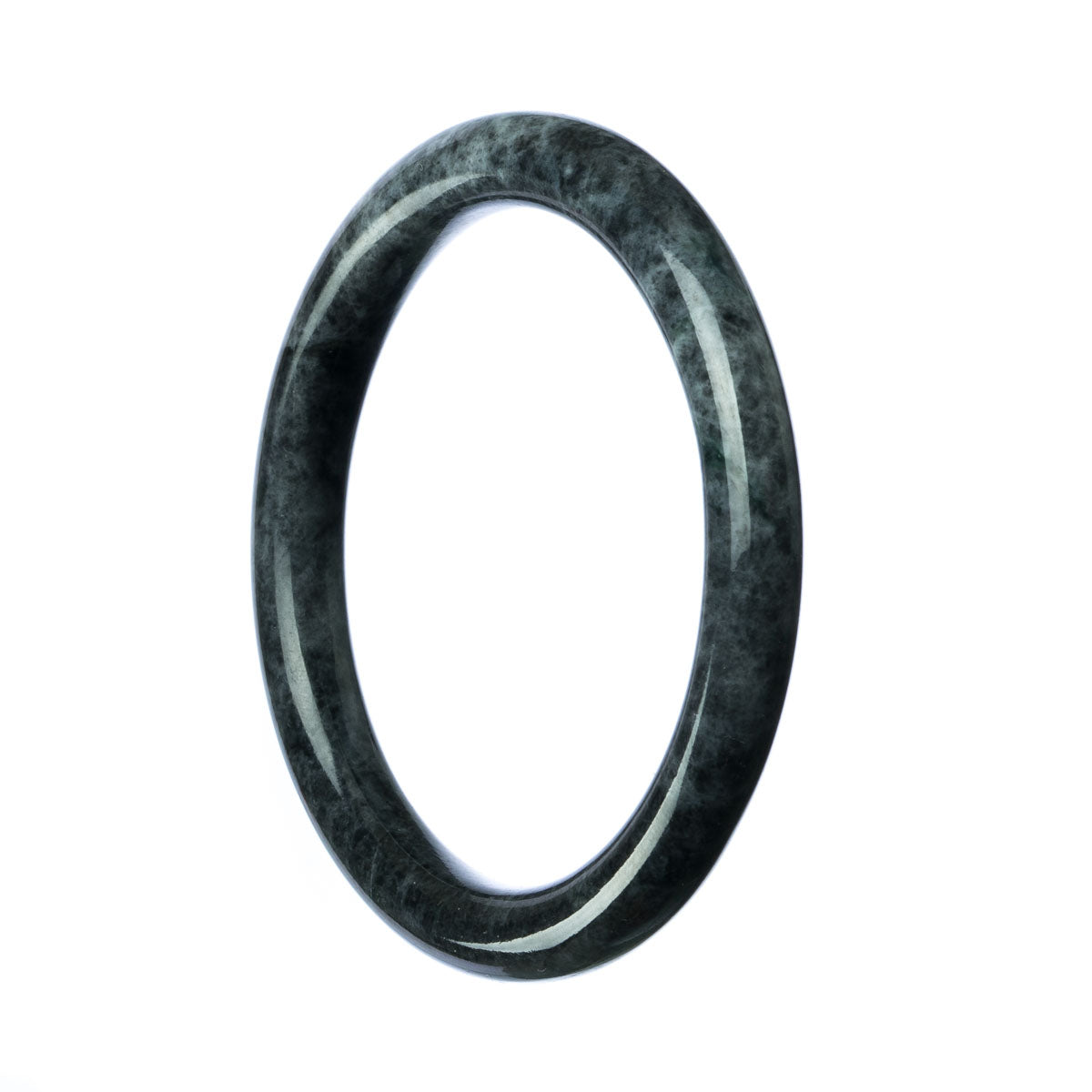 A round grey jade bangle made of high-quality grade A jadeite, measuring 59mm in diameter.