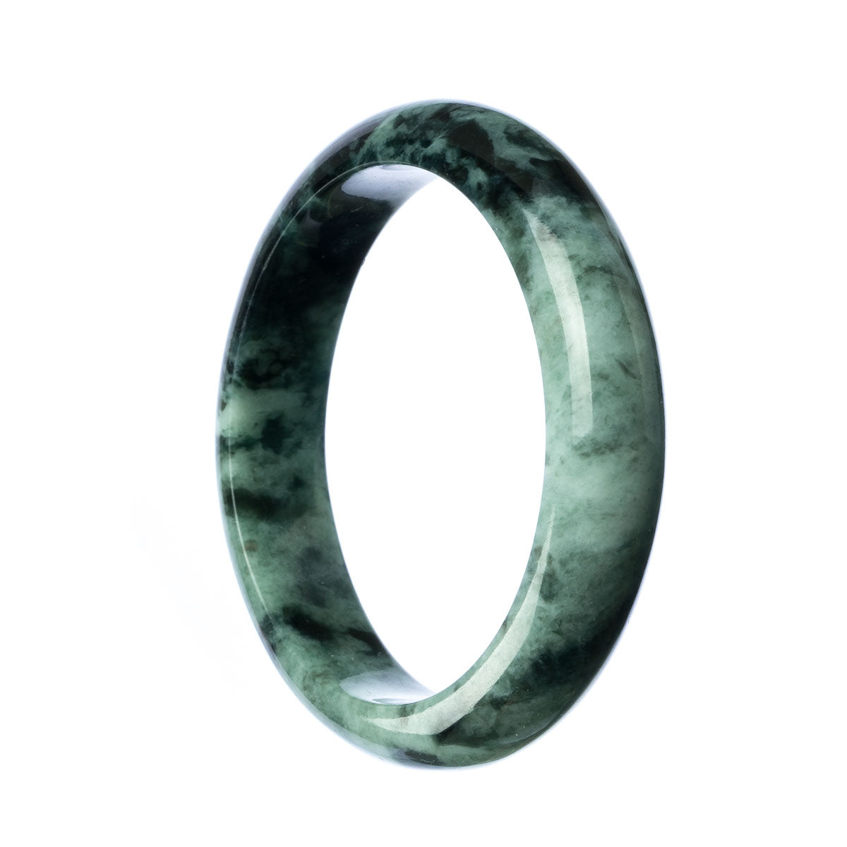 A beautiful half moon-shaped green jadeite jade bangle, Grade A quality, with a diameter of 59mm, sold by MAYS™.