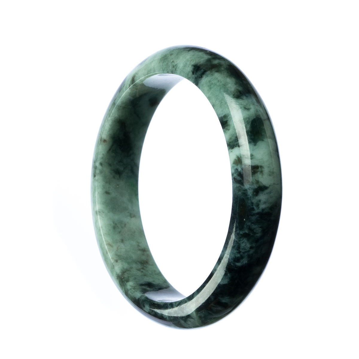 Image of a beautiful jade bangle with a half moon shape, measuring 59mm in diameter. The bangle is made of genuine grade A green Burma jade, known for its high quality and rich color. Designed by MAYS™, this bangle is a stunning piece of jewelry.