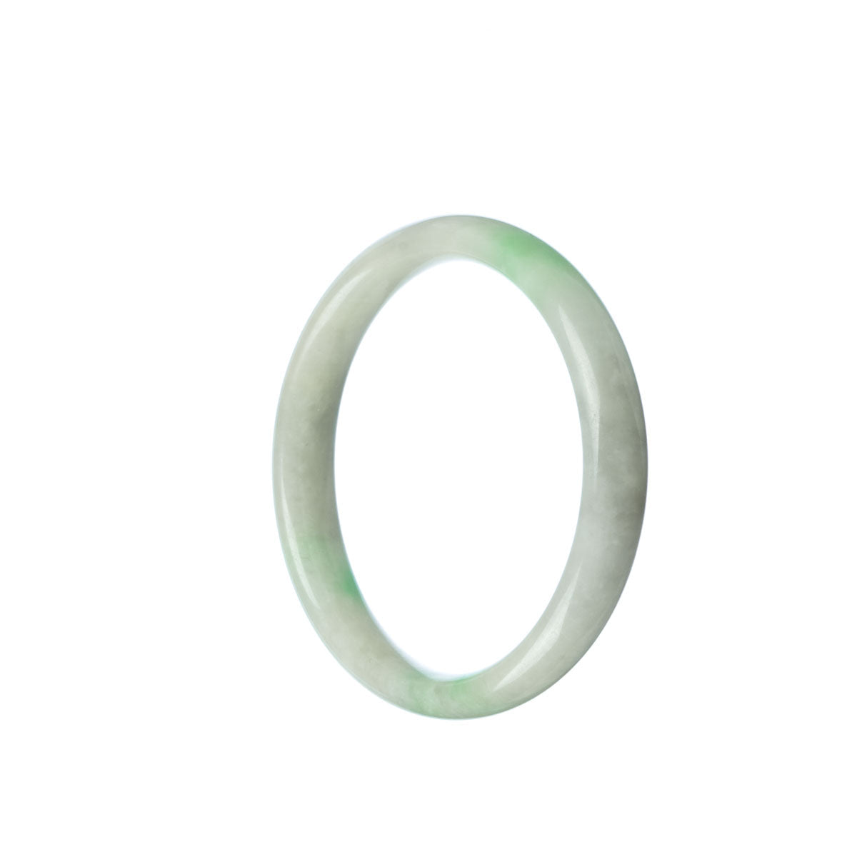 A close-up photo of a half moon-shaped, genuine Grade A green jade bracelet. The bracelet has a smooth, polished surface and measures 52mm in diameter. It is a product by MAYS™.