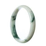 A close-up photo of an elegant green jadeite bracelet with a 74mm half-moon shape. The bracelet showcases the natural beauty of authentic Grade A green jadeite, displaying its vibrant color and smooth texture. MAYS GEMS is the brand name associated with this exquisite piece of jewelry.