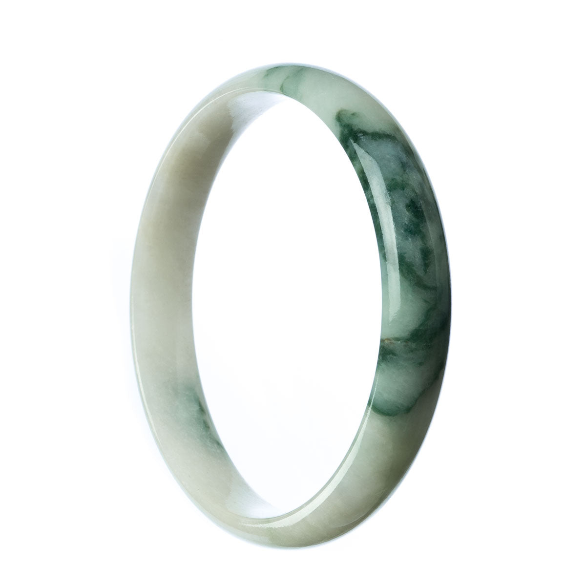 A close-up image of an authentic Type A Green Traditional Jade Bangle Bracelet. The bracelet is in a half-moon shape and measures 74mm in size. The jade has a rich green color, and the bracelet is beautifully crafted. It is a MAYS™ product, known for its high quality and authenticity.