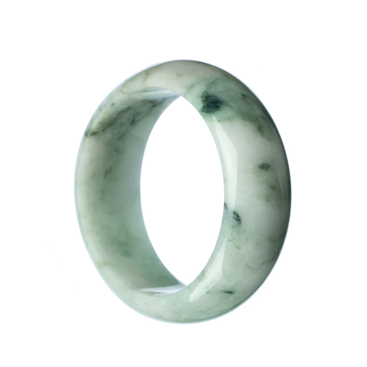A close-up image of a real untreated pale green Burma jade bangle. The bangle is flat and measures 58mm in diameter. It features a smooth texture and a soothing green color.